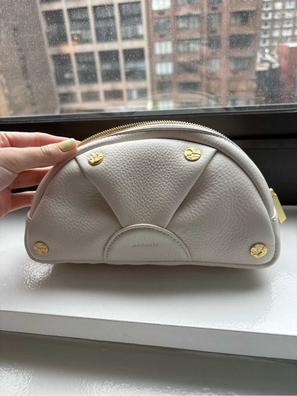Hammitt Cream Pebbled Leather Half-Moon Pouch with Gold Studs